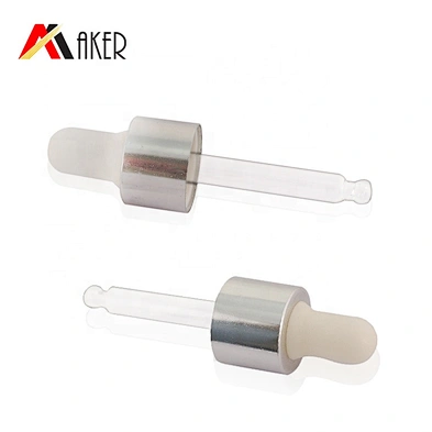 China manufacturer 18mm white rubber silver aluminum covered dropper for cosmetic essential oil glass bottle