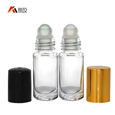 Empty clear round 5ml roll on glass bottle with gold aluminum cap