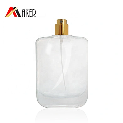 Flat square 100ml clear empty crystal perfume glass bottle packaging with gold aluminum mist sprayer and acrylic cap