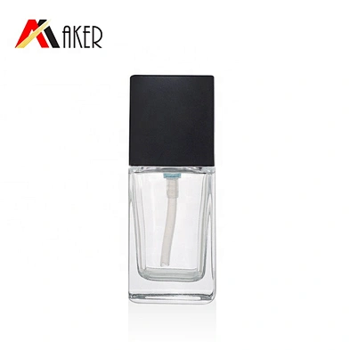 Factory supply 30ml empty square cosmetic glass lotion bottle glass foundation bottle with cream pump and screw lid