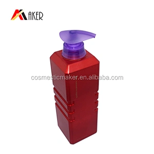 Factory price 800ml square shape empty plastic red hdpe shampoo bottle with pump for hair