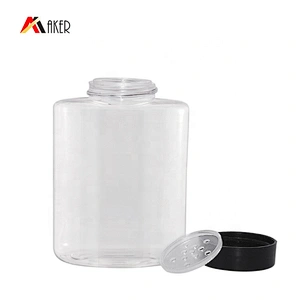 Wholesale 100ml clear empty baby talcum powder PETG plastic bottle with black plastic screw cap and plug