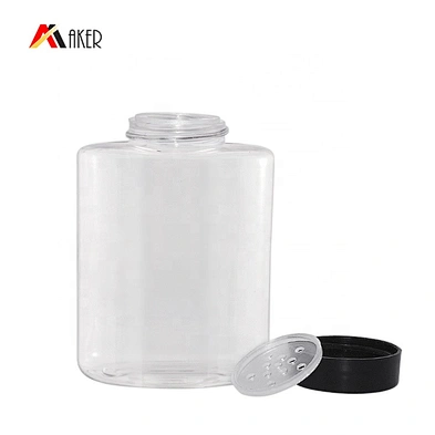Wholesale 100ml clear empty baby talcum powder PETG plastic bottle with black plastic screw cap and plug