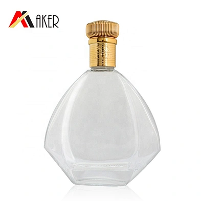 Special design empty clear 700ml XO brandy wine glass bottle with gold aluminum covered cork