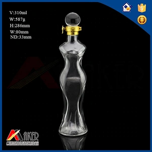 Custom 300ml unique beauty woman body shape clear glass wine bottle with golden lock and glass stopper