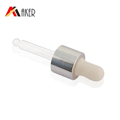 China manufacturer 18mm white rubber silver aluminum covered dropper for cosmetic essential oil glass bottle