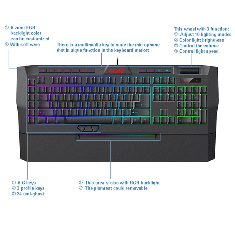 Maxin high end new tooling  k669 RGB membrane gaming keyboard with macro function and supoort software