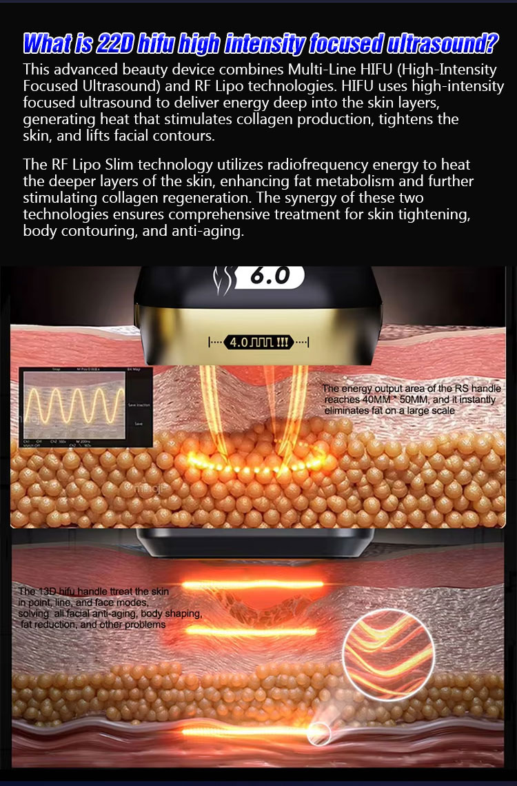 <h3 class="features--headline">Features and benefits</h3> Safe And Effective - Non-Invasive, Non-Surgical Treatment Long-Lasting Results 22d Hifu Treatment - Improve Skin Laxity Wrinkles, Body Tightening, Facial Lifting 22d Ultrasound Hifu - Microfocus And Macrofocus Ultrasonic Technology 2d Hifu Benefits - Stimulation Of Collagen Generation, Tightening Of Sagging Skin <hr /> <h5></h5> <h5><span class="tw-text-2xl tw-font-bold" style="color: #99ccff;">IN STOCK READY TO SHIP</span></h5> <h5><span class="tw-text-2xl tw-font-bold" style="color: #99ccff;">1 YEAR WARRANTY + 3 YEAR TECH SUPPORT</span></h5> <h5><span class="tw-text-2xl tw-font-bold" style="color: #99ccff;">30 DAY MONEY-BACK AND <a href="https://salonmachines.com/refund_returns/">RETURN POLICY</a></span></h5> <h5><span class="tw-text-2xl tw-font-bold" style="color: #99ccff;">FREE WORLDWIDE SHIPPING <a href="https://salonmachines.com/shipping-policy/">SHIPPING POLICY</a> </span></h5> <h5><span class="tw-text-2xl tw-font-bold" style="color: #99ccff;">PROFESSIONAL BEAUTY <a href="https://salonmachines.com/">SALON MACHINES</a> EQUIPMENT</span></h5> &nbsp; <div class="product-block product-block--sales-point"></div> 22d Max Hifu Machine RF Lipo Hifu 2 In 1