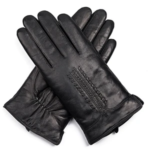 Mens Black Winter Warm Car Driving Goat Skin Leather Gloves with Lamb Fur Lining for Male