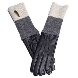 Wine Ladies Sheep Leather   Gloves With Knitted   For Daily Life HL0224