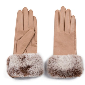 Ladies' Custom Made Luxury Real Rabbit Fur Cuff Leather Gloves for Winter