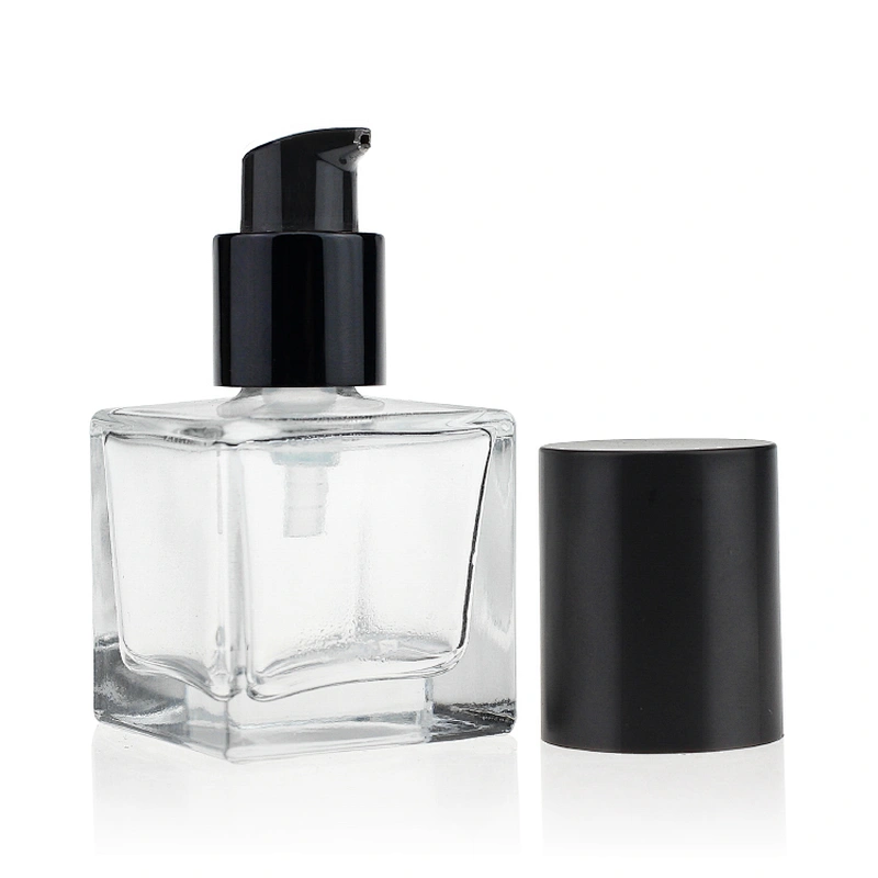 square glass bottles 30ml foundation glass bottle with black pump with cap for cosmetic packaging
