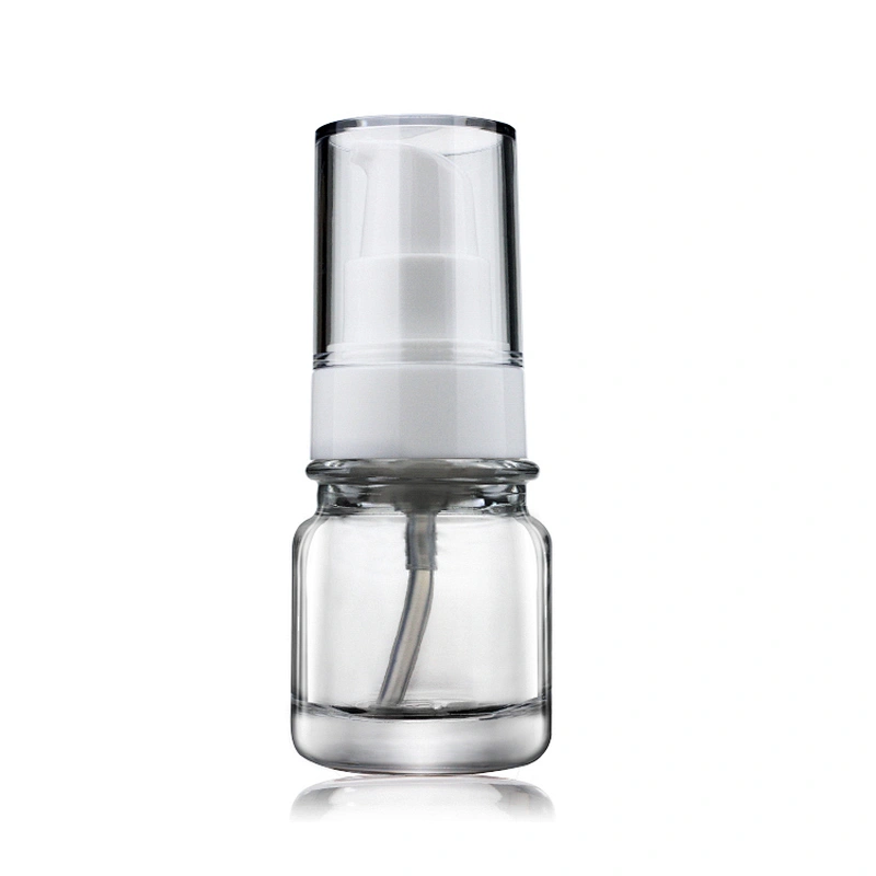 round bottle cosmetic package 30ml transparent foundation glass bottle pump with clear cap
