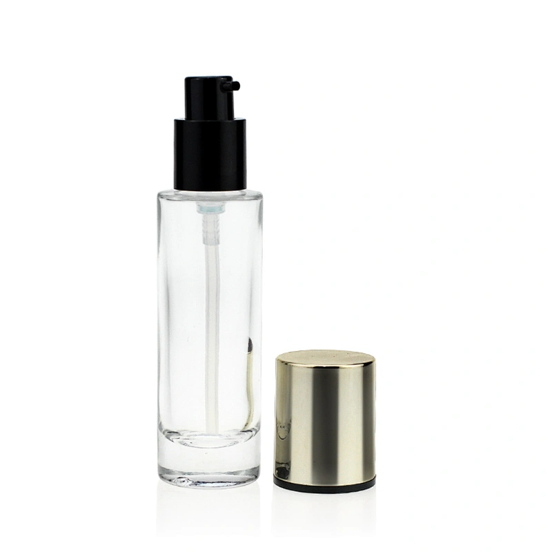 30ml empty  glass serum bottles foundation bottle  electroplate gold pump with cap for cosmetic packaging