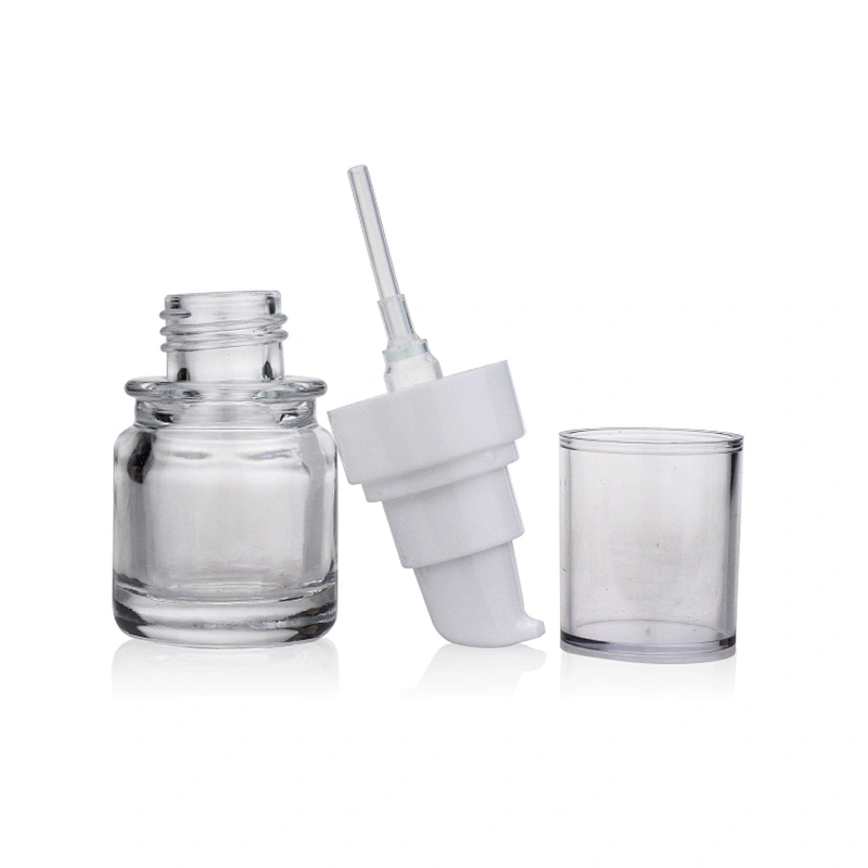 round bottle cosmetic package 30ml transparent foundation glass bottle pump with clear cap