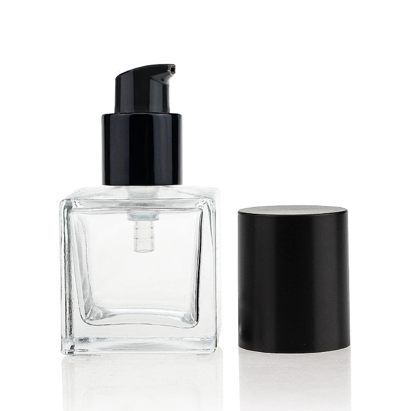 square glass bottles 30ml foundation glass bottle with black pump with cap for cosmetic packaging