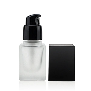 25ml Glass bottle packaging Square Liquid frosted Foundation Bottle Lotion with Plastic Cap Pump