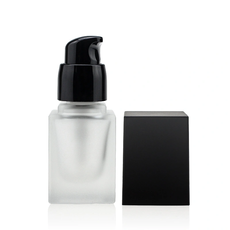 25ml Glass bottle packaging Square Liquid frosted Foundation Bottle Lotion with Plastic Cap Pump