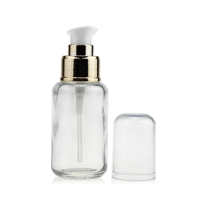 Empty Gold For Pump For Makeup 50ml Glass Foundation Cosmetics Packaging Straight Round Clear Frosted bottle