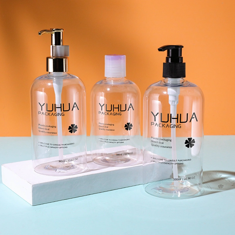fat round empty plastic bottle 300ml 360 ml 500ml clear plastic Shampoo PET personal care lotion bottle container OEM supplier