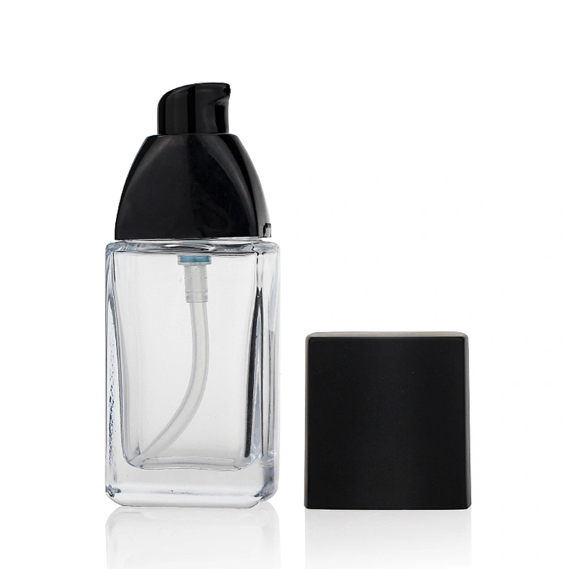 30ml square empty cosmetic Factory supply liquid foundation glass bottle/container make up packaging with squeeze pump