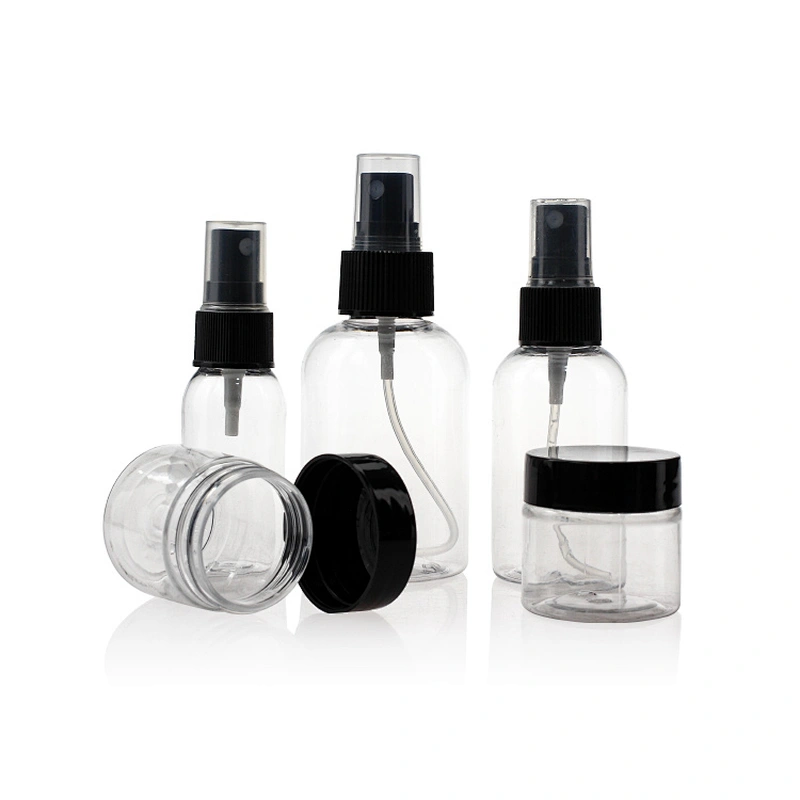 Cosmetic Packaging Plastic PET Cream Jars Container Travel Lotion Spray Bottle Set Personal Care Cream Jar with Black Lid Amazon