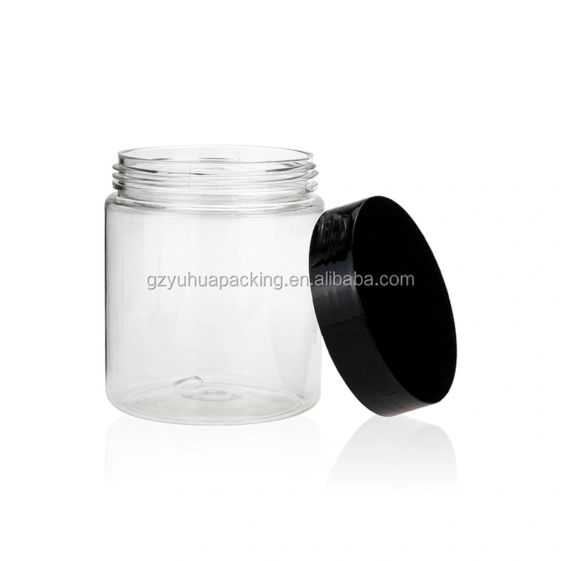 250ml Transparent PET plastic bottle for cosmetic and food candy with black lids