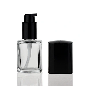 30ml empty square glass serum bottles foundation bottle with treatment black pump with cap for cosmetic packaging