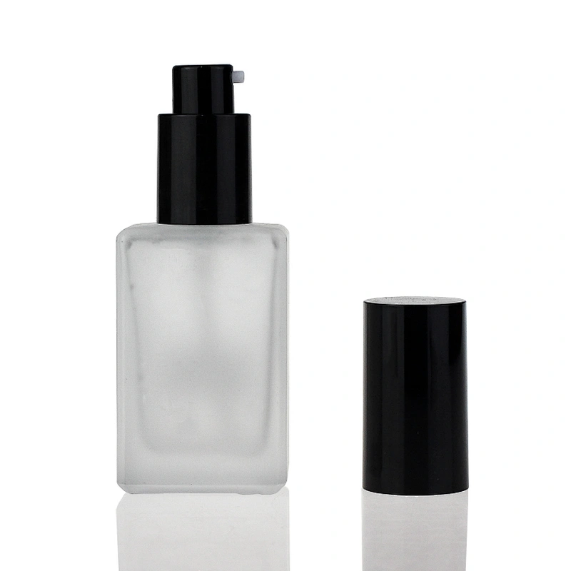 30ml empty square glass serum bottles foundation bottle with treatment black pump with cap for cosmetic packaging