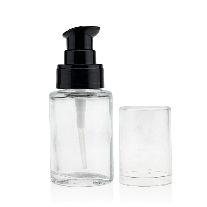Luxury Cosmetics Packaging Straight Round Clear Frosted 30ml Glass Foundation Bottle with Pink Pump Empty For Cosmetic Packaging