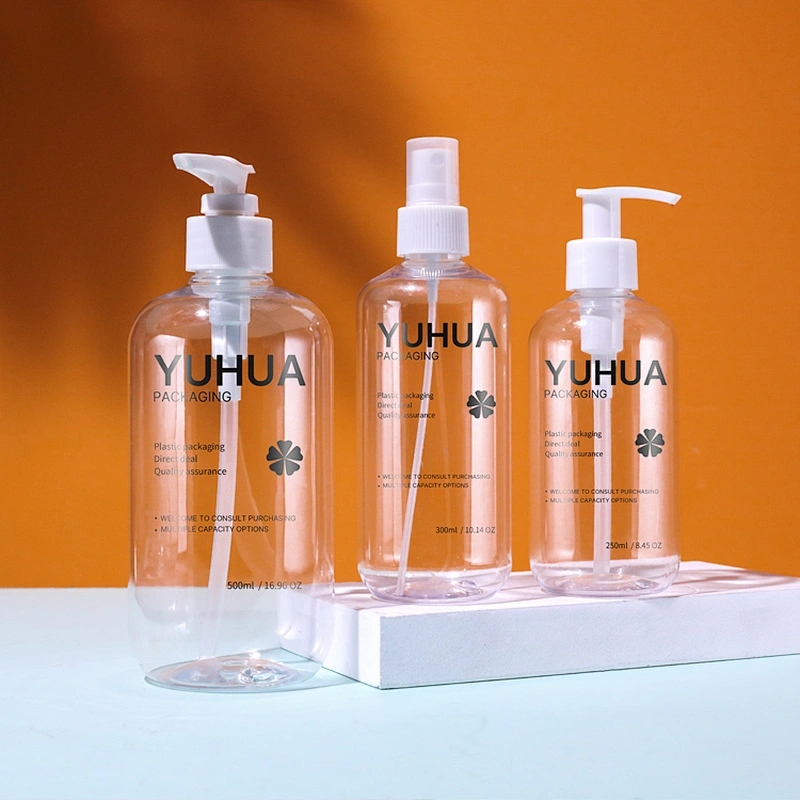 High end boston round 300ml Empty Plastic PET Bottle Pump Sanitizer sprayer High Capacity Clear plastic bottles OEM manufactory