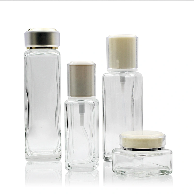Clear Square Glass Bottles Glass Lotion Bottle  Clear Custom Face Oil Bottles Container Manufacturers Set