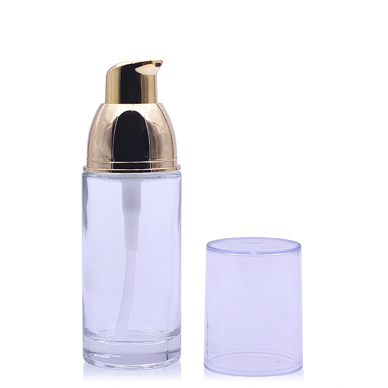 new design cosmetic packaging 30ml 1oz clear glass spray bottle lotion bottle foundation packaging gold pump