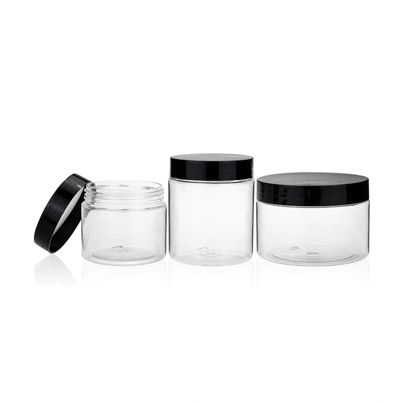 250ml Transparent PET plastic bottle for cosmetic and food candy with black lids