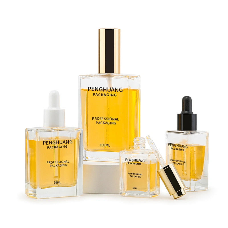Square Clear Glass Serum Bottles 15ml 30ml 50ml 100ml Essential Oil Bottles