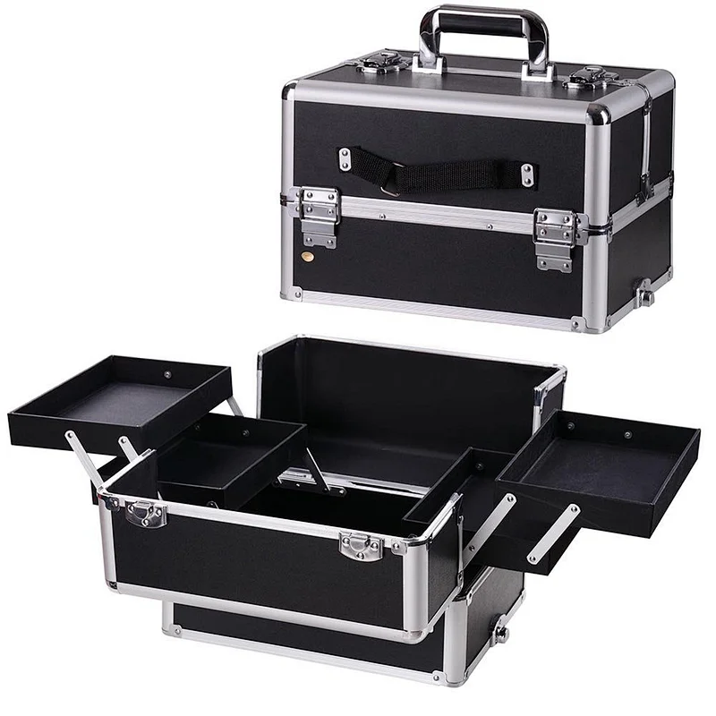 4 in 1 Rolling Makeup Artist Train Case Lockable Trolley Cosmetic Travel Box 2 Wheels Black