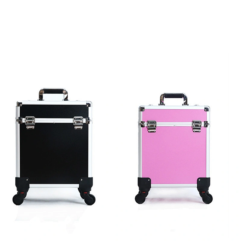 Aluminum professional rolling makeup case PVC Aluminum Trolley Cosmetic Case Makeup Bag With 4-Wheel