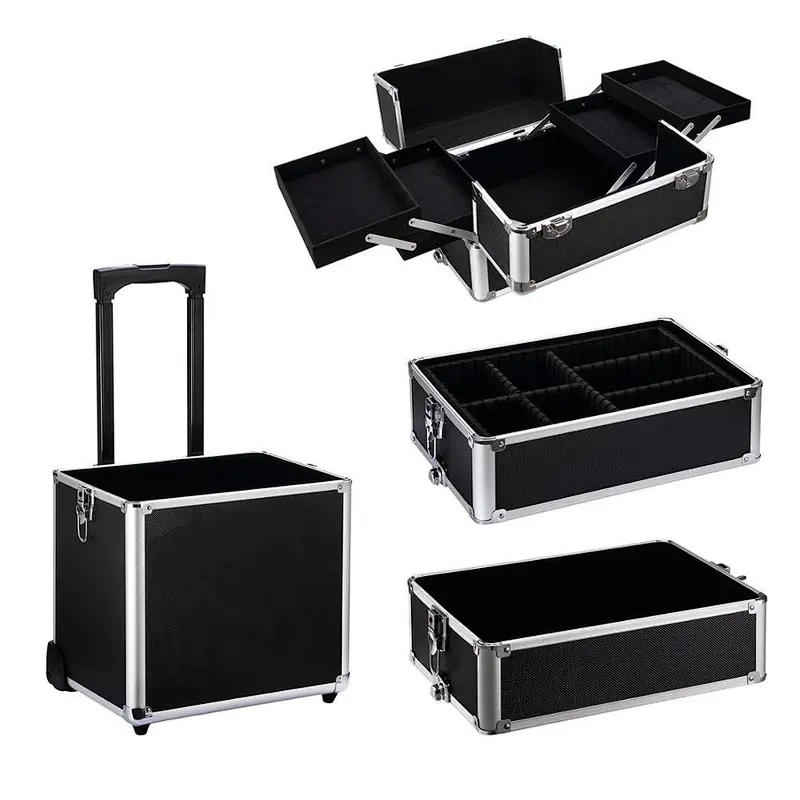 Professional artist train case organizer suitcase fashion lockable multiple layers removable wheels extendable trays case