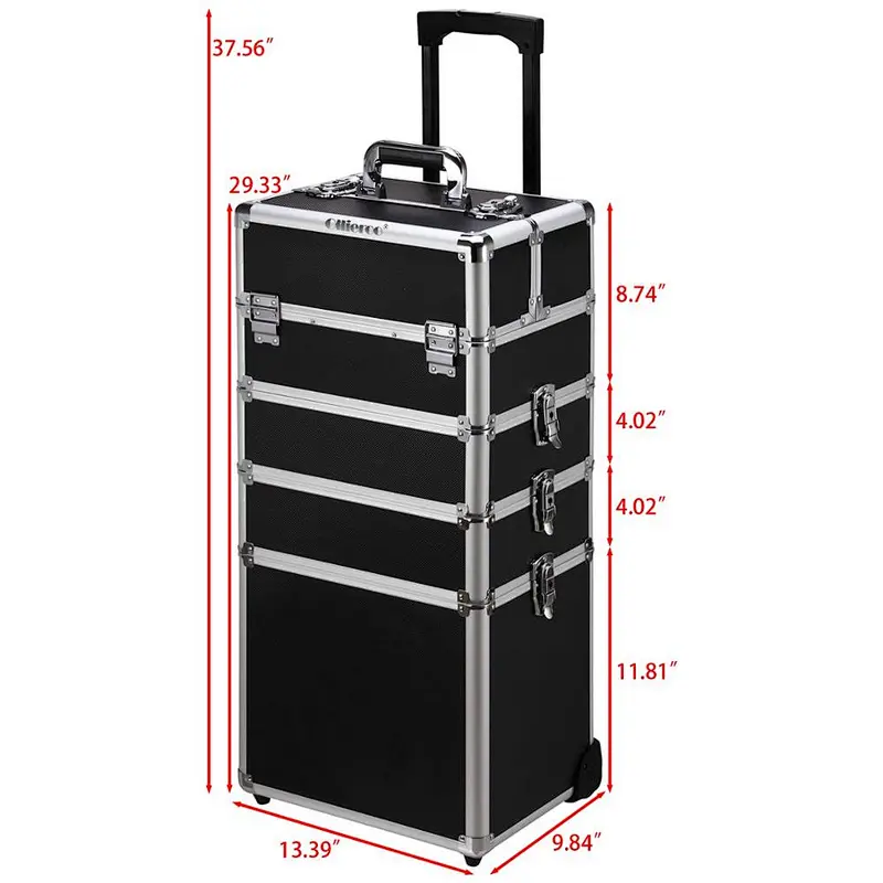Professional artist train case organizer suitcase fashion lockable multiple layers removable wheels extendable trays case