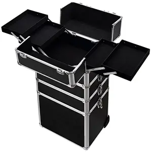 Professional artist train case organizer suitcase fashion lockable multiple layers removable wheels extendable trays case