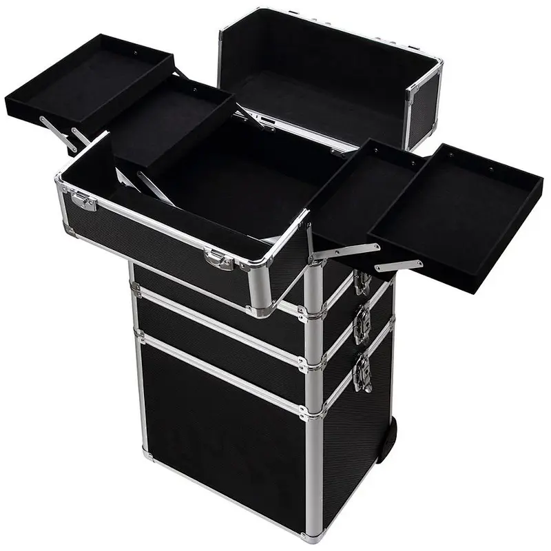 Professional artist train case organizer suitcase fashion lockable multiple layers removable wheels extendable trays case