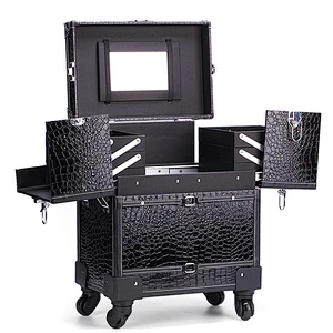 Aluminum Rolling Makeup Organizer Travel Trolley Bag Leather Cosmetic Case