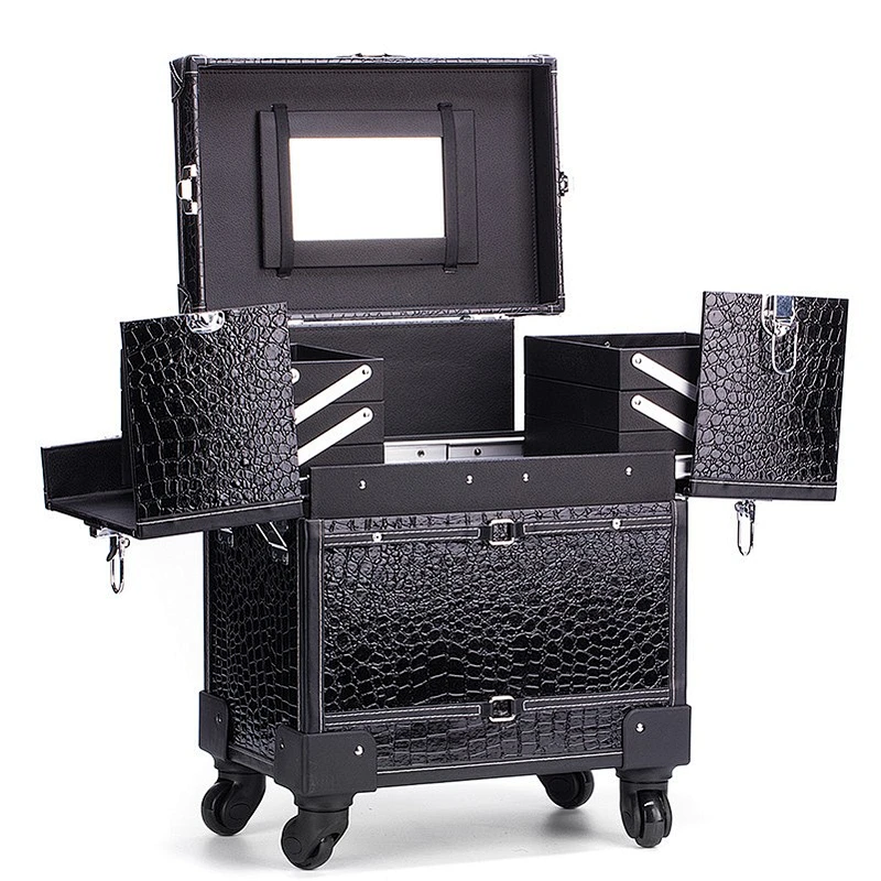 Aluminum Rolling Makeup Organizer Travel Trolley Bag Leather Cosmetic Case