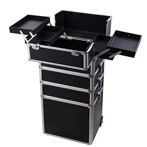 4 in 1 Rolling Makeup Artist Train Case Lockable Trolley Cosmetic Travel Box 2 Wheels Black