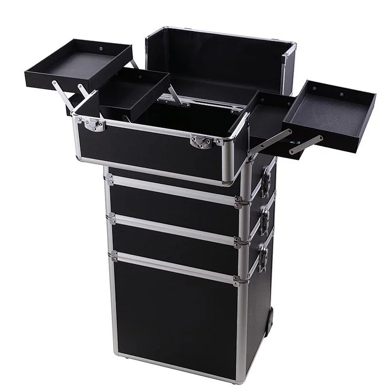 4 in 1 Rolling Makeup Artist Train Case Lockable Trolley Cosmetic Travel Box 2 Wheels Black
