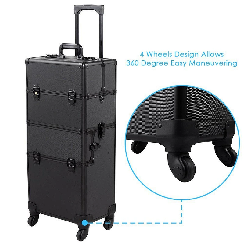 2 in 1 4 Wheel Pro Aluminum Rolling Makeup Cosmetic Train Case Lockable Wheeled Box