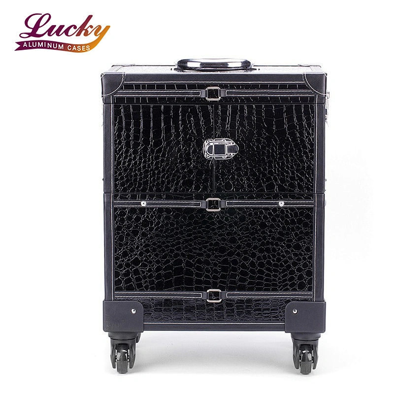 Aluminum Rolling Makeup Organizer Travel Trolley Bag Leather Cosmetic Case