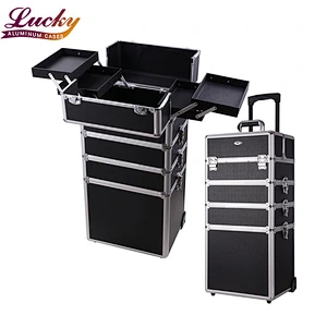 4 in 1 Rolling Makeup Artist Train Case Lockable Trolley Cosmetic Travel Box 2 Wheels Black