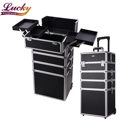 4 in 1 Rolling Makeup Artist Train Case Lockable Trolley Cosmetic Travel Box 2 Wheels Black