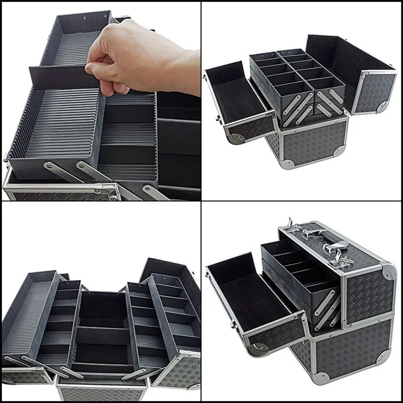 Black Toolbox Fishing Tackle Bait Case with Fold Out Trays Tool Case with Tray Dividers